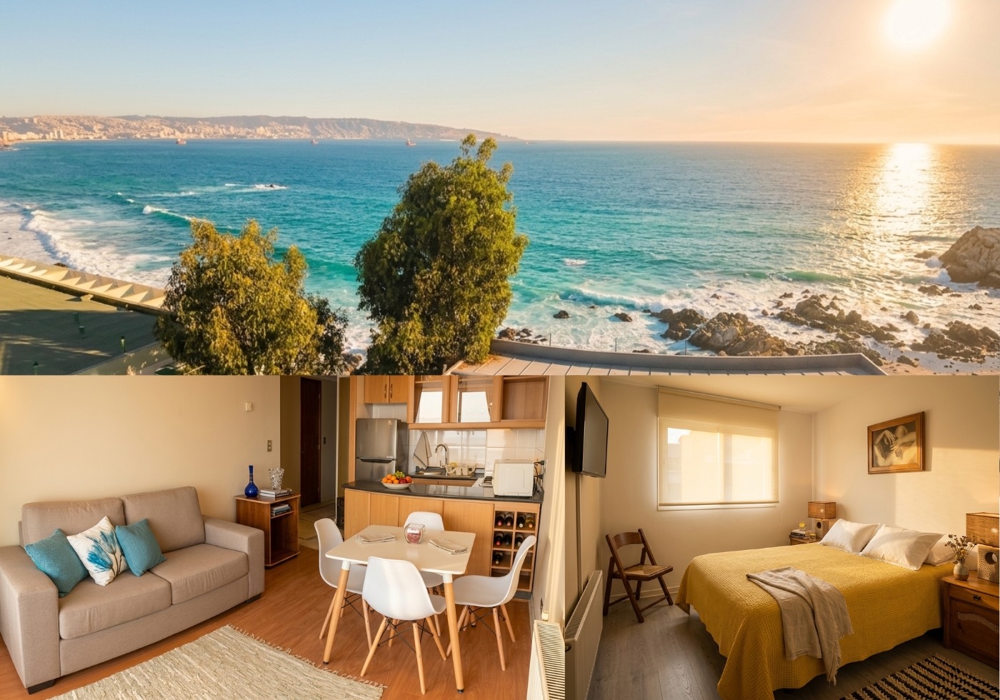 Departamento Carabela: vista a Playa El Encanto, living y dormitorio