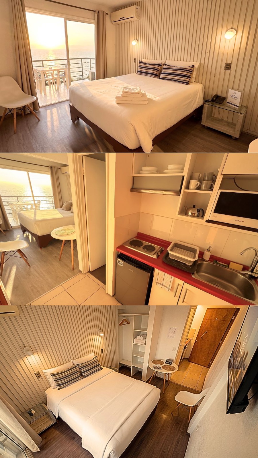Departamento con kitchenette equipada, dormitorio y balcón con vista al mar
