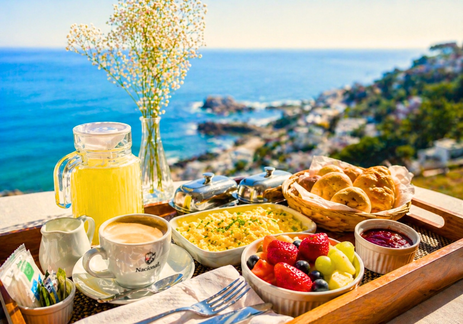 Desayuno servido en el balcón con vista a la bahía de Reñaca