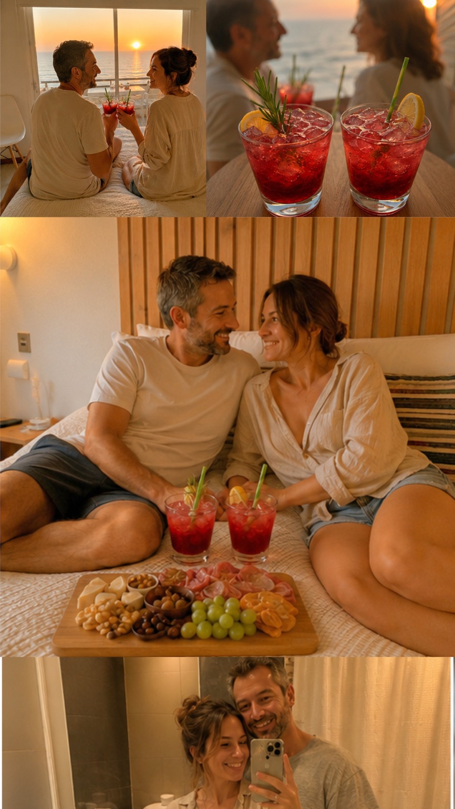 Pareja disfrutando cócteles y una tabla del Dei Bar en la habitación