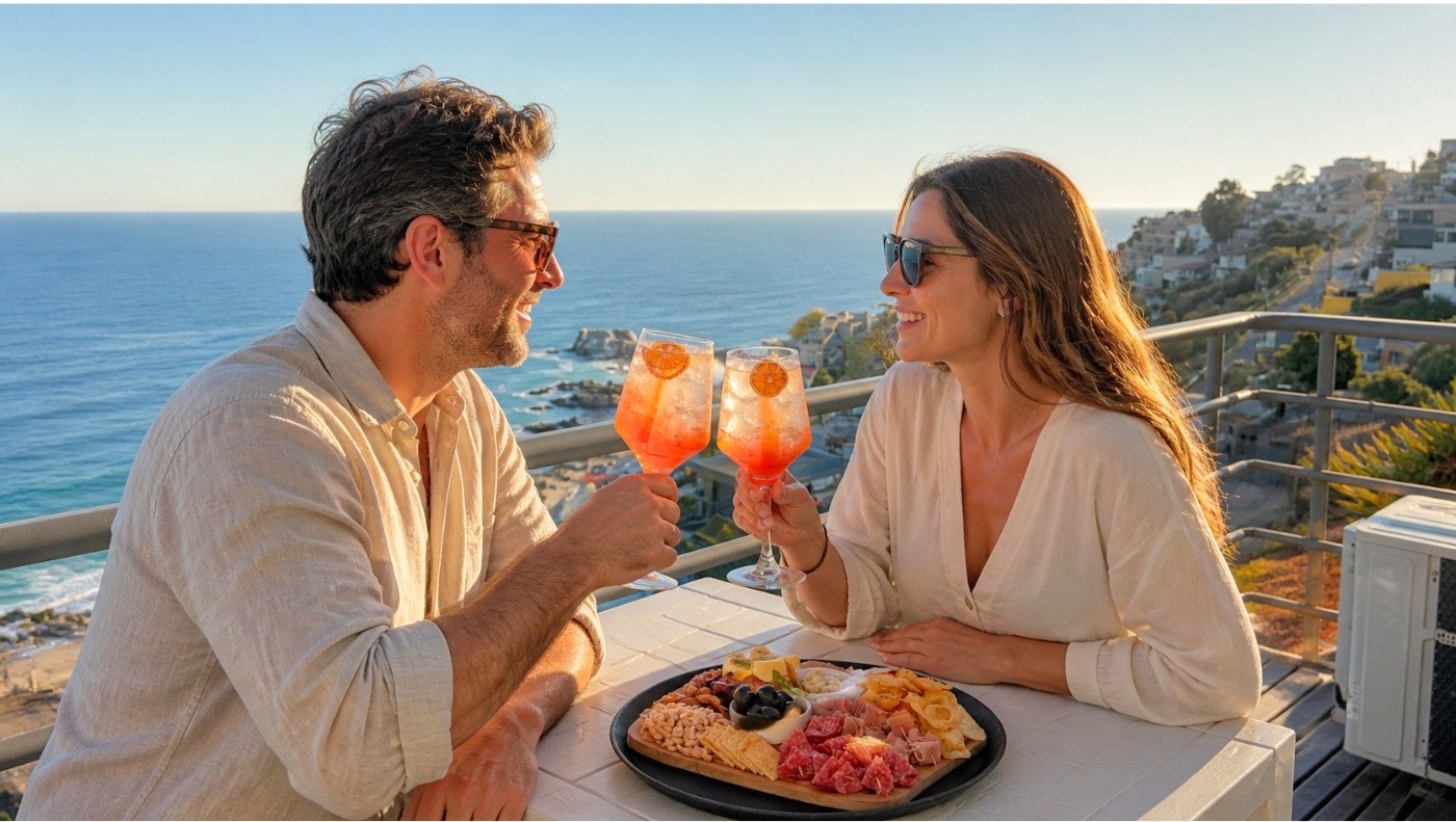 Pareja brindando en el balcón con vista al mar